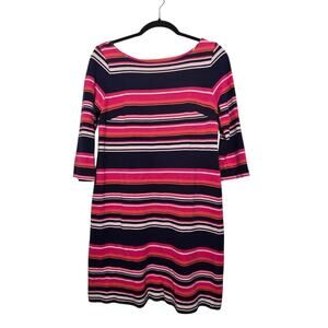 Talbots Striped Shift Dress Women Sz 2 Stretch Knit 3/4 Sleeve Pink Navy Classic